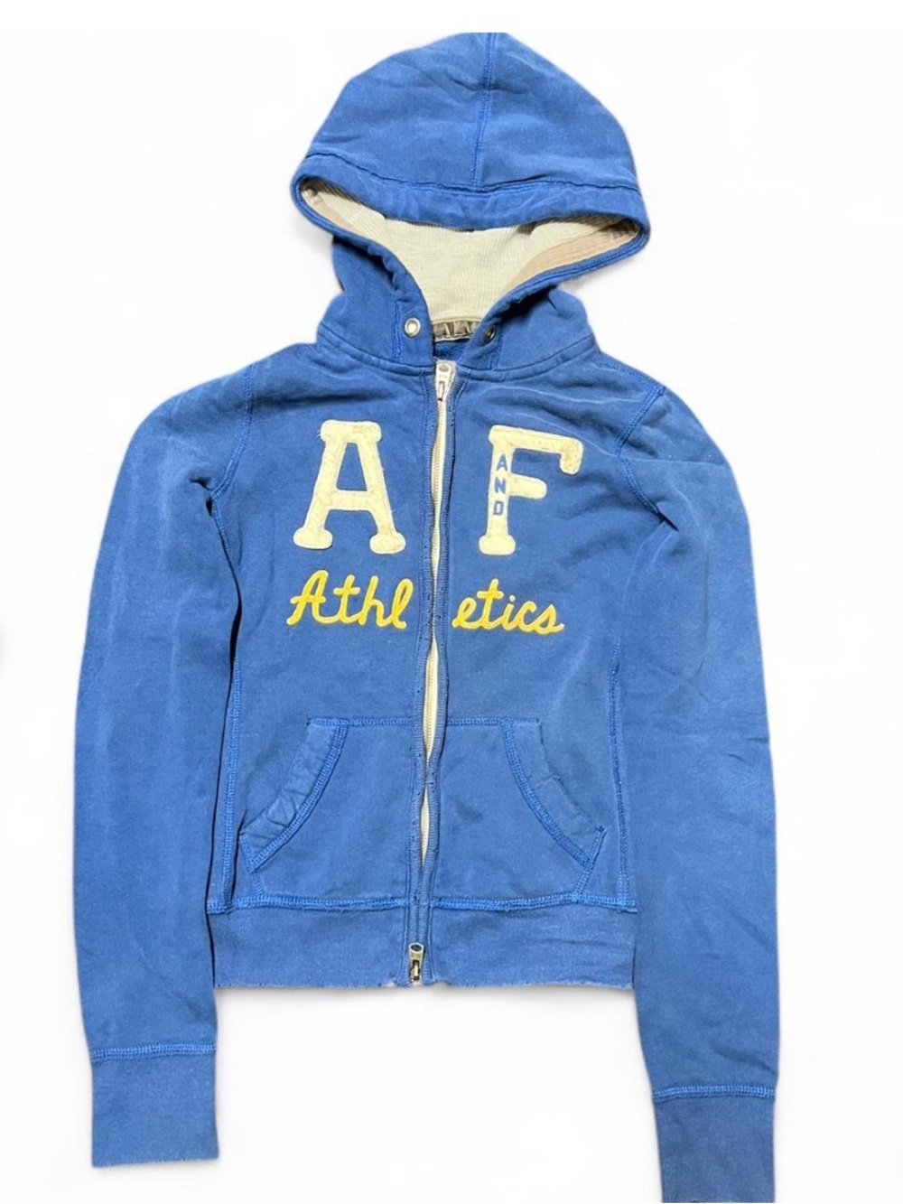 Abercrombie & Fitch Blue Hoodie with Yellow Script and Cream Lining